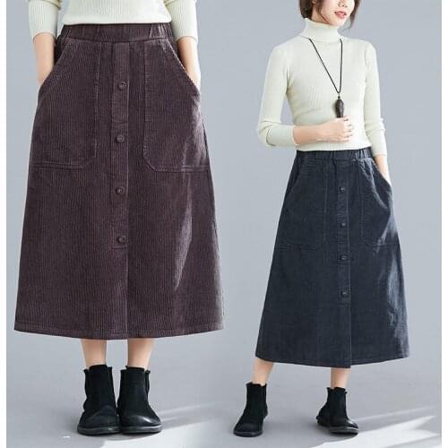 2021 New Spring Autumn Womens Oversized Retro Corduroy Skirt Literary Solid Color Skirt Elastic Waist Long Skirt Female aq079