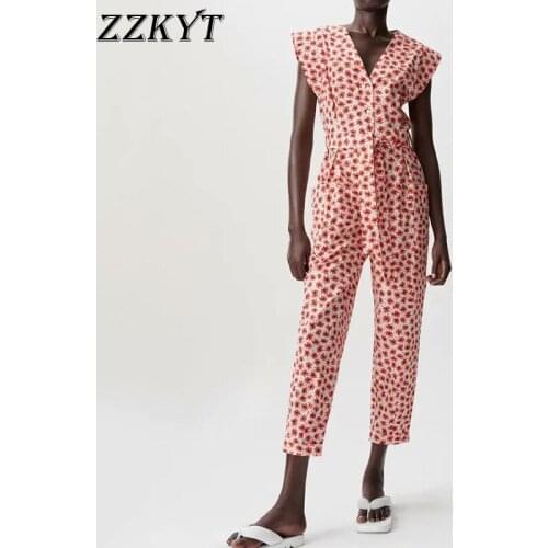 ZZKYT 2021 Women Summer Vintage Print Single Breasted Playsuits Fashion V-Neck Sleeveless Bow Tie Sashes Female Casual Jumpsuits