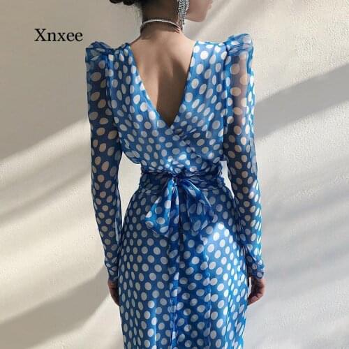 2021 Spring New Blue Puff Sleeve Wave Point Print Women Split Dresses Party Chiffon Puff Sleeve Bodycon Sexy Long Dress Outfits