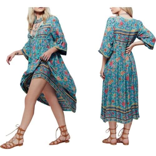 Boho Gypsy Mexican Ethnic Floral Womens Evening Party Mid-calf Tea Length Dress