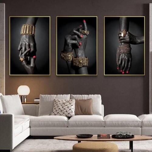African Black and Gold Woman Hand Oil Painting on Canvas Posters and Prints Scandinavian Wall Art Picture for Living Room Decor