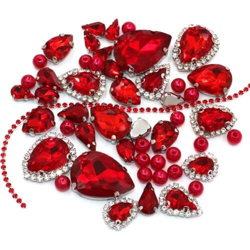 DIY AccessoriesTeardrop Shape Red Mix Size Glass Crystal Stones Pearl Beads Cup Chain Rim Rhinestones For Clothing/Wedding Dress