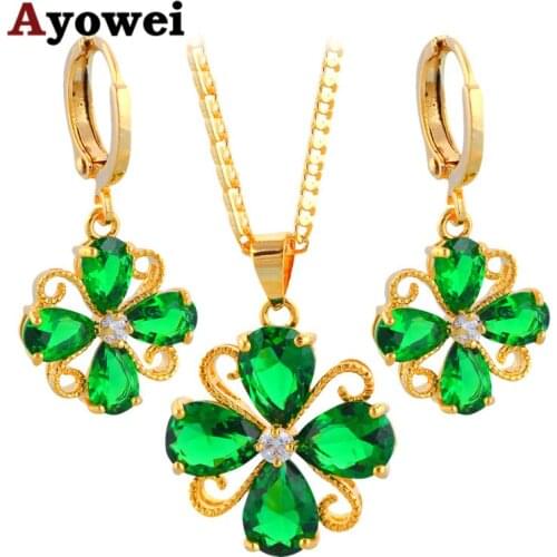 Ayowei Classic Green Zircon Gold color for Women Party Fashion Jewelry Sets Earrings/Pendant JS692A