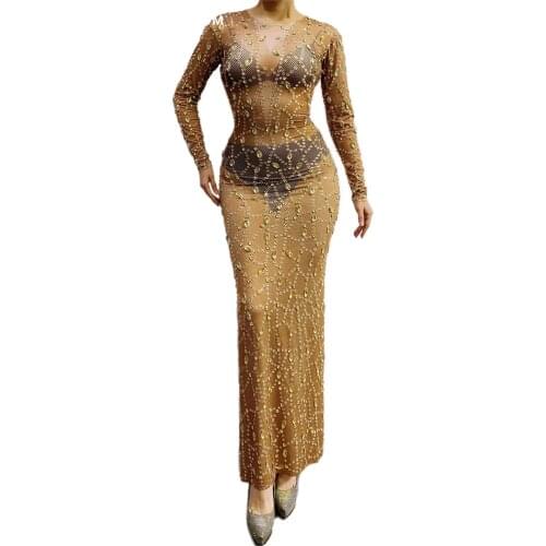 Sparkly Silver Rhinestone Mirror Elastic fabric Long Dress Women Birthday Stage play Celebrate Dress Dancer Party Show Dress