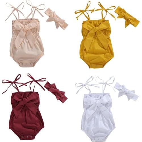 0-24M Newborn Infant Baby Girls Boys Bodysuits Solid Sleeveless Big Bowknot Jumpsuits Summer Outfits Headband