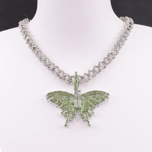 8MM Miami Cuban Link Chain 48MM Green Butterfly Pendant Pink Blue Crystal Womens Necklace Rap Hip Hop Silver Color Jewelry Iced