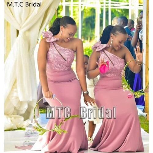 Long Mermaid Bridesmaid Dresses Dusty Rose One Shoulder African Best Women Dress With Bow Lace Maid Of Honor Gowns Wholesale