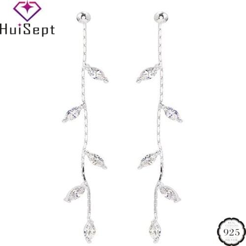 HuiSept Fashion 925 Silver Earrings with AAA Zircon Gemstone Leaf Shape Long Tassels Drop Earring for Women Wedding Gift Jewelry