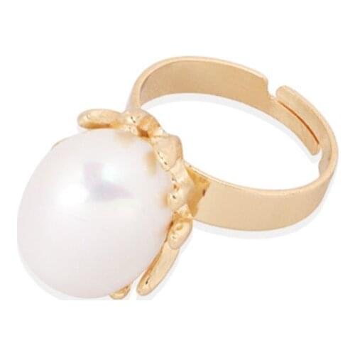 FYJS Unique Light Yellow Gold Color Oval Shape White Pearls Resizable Finger Ring Fashion Jewelry