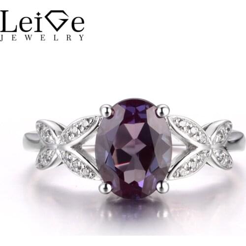 LeiGe Jewelry Alexandrite Promise Rings June Birthstone Oval Cut Color Changing Stone Genuine 925 Sterling Silver Gifts for Her