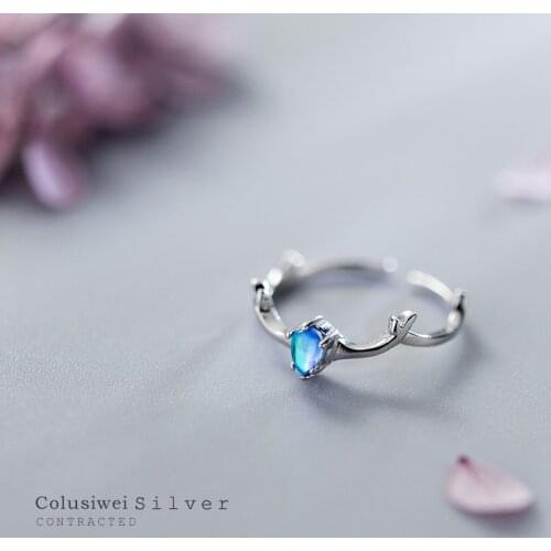 COLUSIWEI Genuine 925 Sterling Silver Blue Crytal Elk Pattern Ring for Women Cute Antlers Open Adjustable Rings Fashion Jewelry