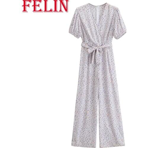 FELIN Women Jumpsuit Za Fashion 2021 Spring V-Neck Floral Watermark Lace Elegant Rompers Female Jumpsuit One Piece Outfit