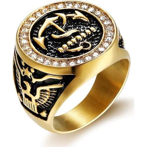 Hip Hop Zircon CZ Pave US Navy Anchor Ring Chunky Gold Color Titanium Stainless Steel Round Rings for Men Jewelry Size 8-15