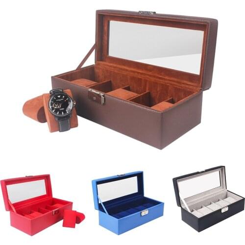 5 Slots PU Leather Watch Display Box Case Clear Glass Top Locking Watch Storage Organizer for Mens Watches