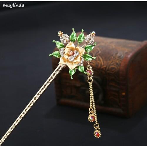 Muylinda Retro Flower Painting Hair Sticks Classical Metal Crystal Hair Accessories Rhinestone Hairpin For Women Hair Jewelry