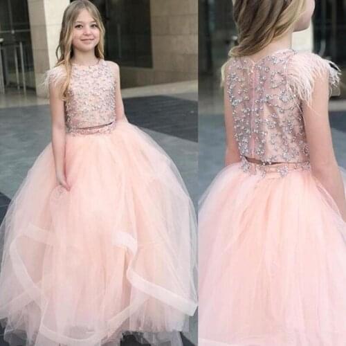 Two Pieces Princess Flower Girls Dresses 2022 Jewel Neck Beaded Zipper Back Pageant Party Gowns Birthday Special Occasion Wears