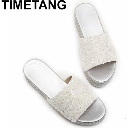 TIMETANG Women Fashion Sequined Slippers Platform Women Slides Lady Leisure Sundress Outdoor Shoes Woman Wedges ShoeE943