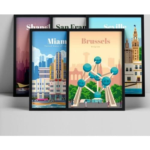 Miami Seville Brussels World City Tour Travel Scenery Vintage Landscape Poster Prints Wall Art Canvas Painting Room Home Decor