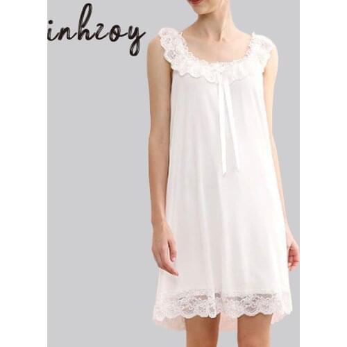 Womens White Nightgown Sleeveless Mesh Lace Decoration Night Dress Victorian Style Nightwear