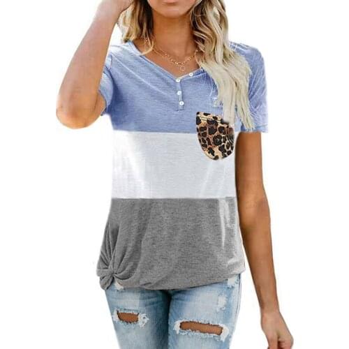 2021 Summer Ladies Fashion T-Shirt Short Sleeve Stitching stripes Button Leopard Print Pocket Loose Casual V-Neck Women Tee Tops