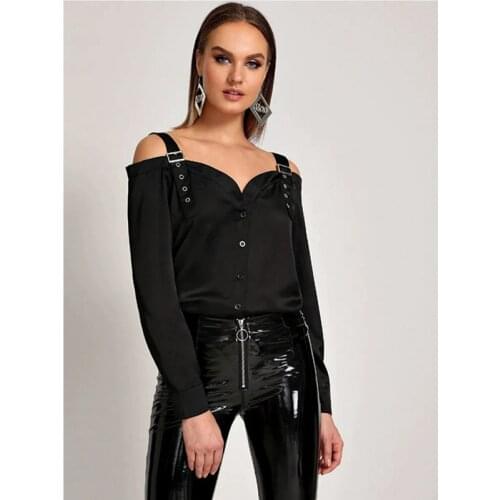 Neatie kiddie Black Sexy Slash Neck Shirt Top for Women Long Sleeve Single Breasted Blouse Female Off Shoulder Clothes