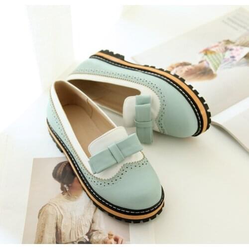 Big Size 32-43 Spring Autumn Slip On Women Shoes Cute Bowtie Lace Shallow Mouth Ladies Platform Shoes