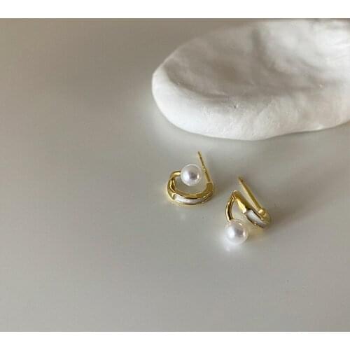 ALLNEWME Plain Simulation Pearl Pendant Earrings for Women Ladies White Color Enamel C Shape Hoop Earrings Korean Accessories