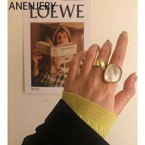 ANENJERY 925 Sterling Silver Shell Geometric Gold Color Ring for Women Retro Exaggerated Statement Jewelry Wholesale S-R886