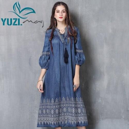 Women Dress 2017 Yuzi.may Boho New Denim Vestidos V-Neck Three Quarter Lantern Sleeve Flower Embroidery Dresses A82053