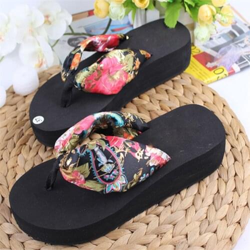 2021 Bag Haircut Bohemian Silk Rbbon Fip Fops Fummer Ladies TPR Rubber Sole Mid-Heel Beach Vacation Sandals 2nd Slippers