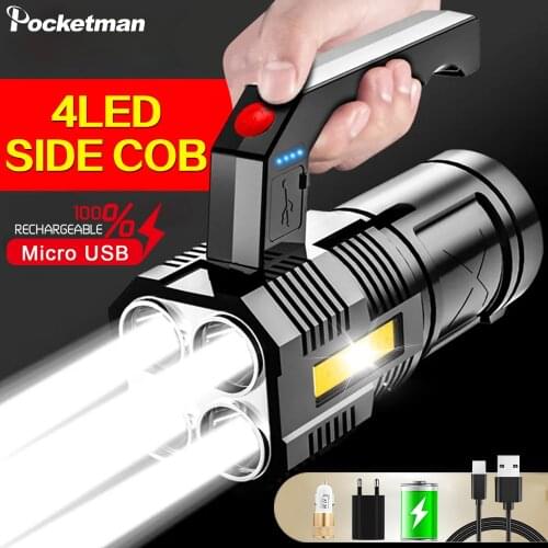 4 LED+COB Flashlight Portable USB Rechargeable Flashlights Waterproof Torch Work Light with Power Display Built-in Battery