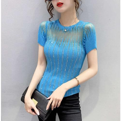 #6079 Summer Shinny Stretch Knitted T Shirt Women O Neck Thin Sexy Slim Hollow Out Short Sleeve T Shirt For Women Tee Shirt Tide