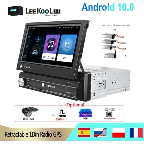 LeeKooLuu 1 Din Car Radio Android 10.0 Autoradio GPS Navigation 7'' Retractable Screen WiFi Bluetooth Multimedia Player no DVD