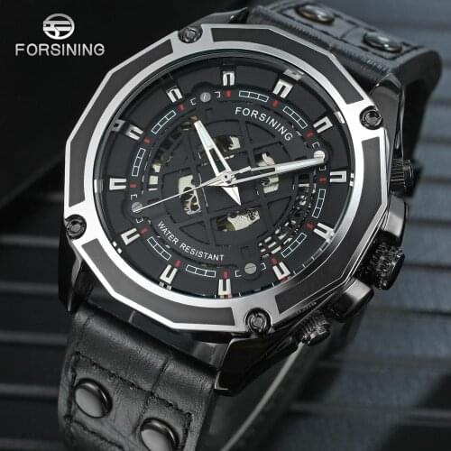 Forsining 2019 Military Design Black Genuine Leather Belt Mens Automatic Sport Skeleton Mechanical Wrist Watch Top Brand Luxury