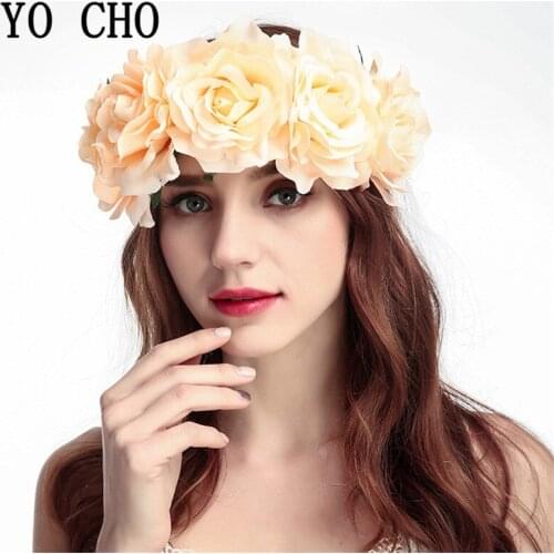 YO CHO Artificial Flower Hairband For Beautiful Girls Fake Floral Wreath Hair Accessories Party Prom Wedding Headwear Faux Roses