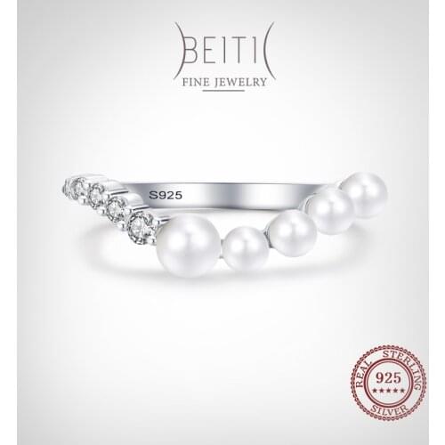 Beitil Radiant Zircon V Shape Elegant Pearl 925 Sterling Silver Finger Ring For Women Romantic Wedding Popular Jewelry