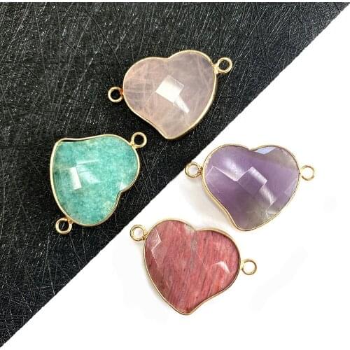 Love Heart-shaped Natural Stone Connector Amethyst Double Hole Pendant DIY Handmade Necklace Jewelry Accessories Size 22x33mm