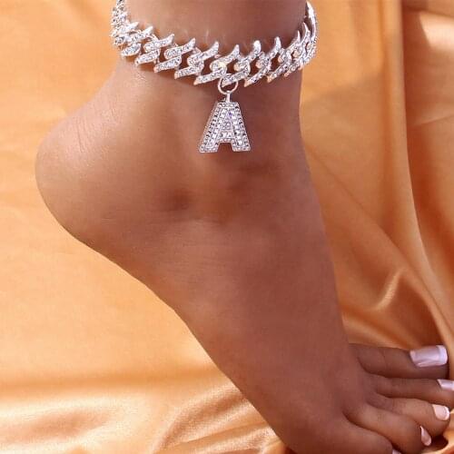Miami Crystal Initial A-Z Cuban Link Anklet Wholesale Chunky for Women Men Iced Out Bracelet on the Leg Baguette Hip Hop Anklet