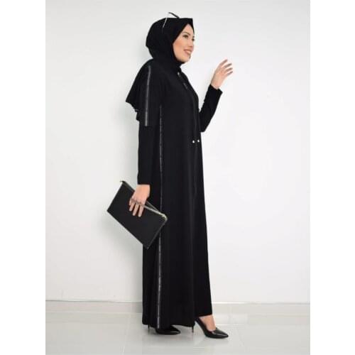 Fashion Line Zipper Ferace Black Muslim Women 'S Clothing Style Long Baggy Crepe Fabric