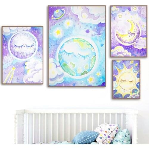 Cartoon Cute Sun Moon Star Earth Cloud Nordic Posters And Prints Wall Art Canvas Painting Wall Pictures For Kids Room Home Decor