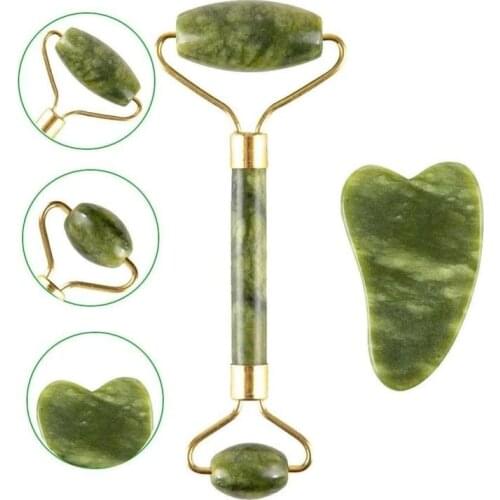 Jade Massage Tool Set Natural Green Quartz Roller Gua Sha Scraper Board Kit Face Massager Beauty Device Skin Lift