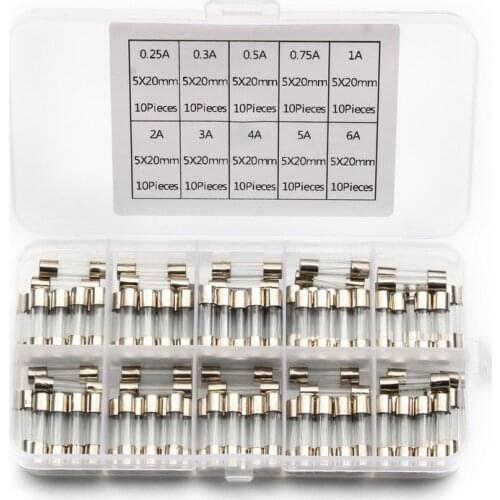 100PCS/Set 5x20mm Glass Tube Fuses Set Quick Blow Glass Tube Fuse Set 0.25/0.3/0.5/0.75/1/2/3/4/5/6A 250V with Box