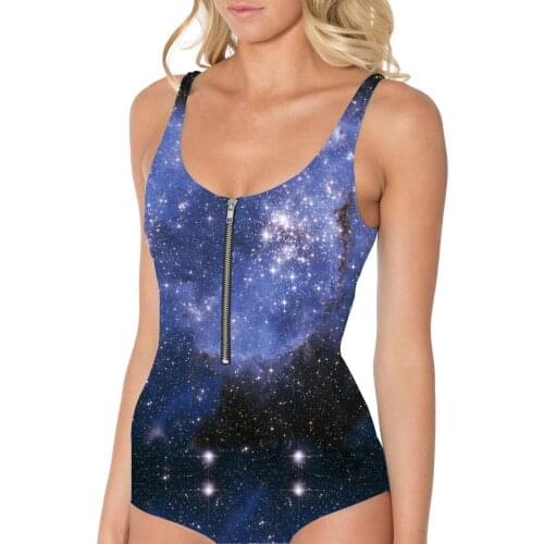 New S To 3XL Galaxy Women One Piece Swimsuit With Zipper Big Size Women Swimming Purple Blue suits 3 Patterns