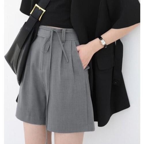 Casual high-waist lace-up wide-leg shorts womens solid color suit pants summer Polyester Pockets Wide Leg Pants