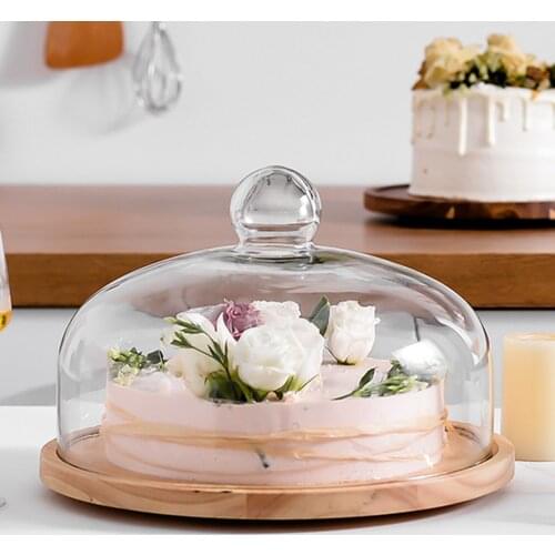 Acacia Wooden Plate for Cake Fruit Dessert Serving Trays Creative Wedding Birthday Party Afternoon Tea Tray with Glass Cover