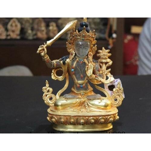 Tibet Copper Gold Gilt Plating Crystal Manjusri Manjushri Kwan-Yin Buddha Statue