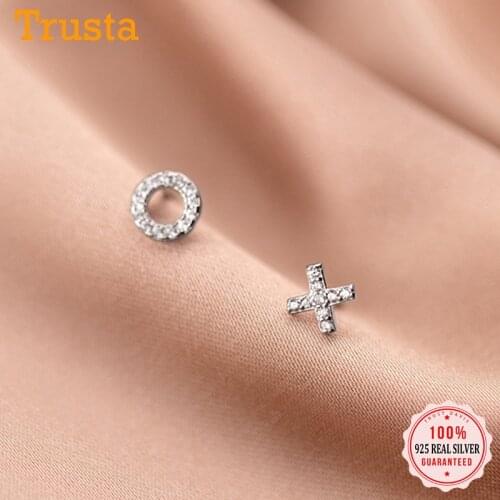 TrustDavis Real 925 Sterling Silver Fashion Tiny Asymmetric X O Dazzling CZ Charm Stud Earrings For Women Wedding Jewelry DA2116