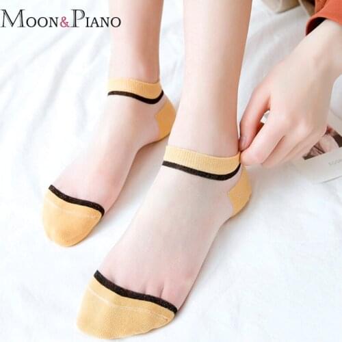 Spring And Summer Ultra-Thin Glass Silk Womens Socks Japanese Striped Transparent Wild Casual Breathable Ladies Sock Simple