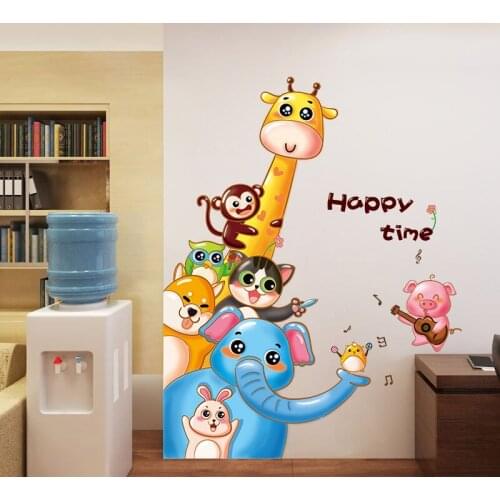 Cartoon Animals Giraffe Monkey Elephant Wall Stickers For Baby Kids Rooms Decoration Vinyl Mural Decals Bedroom Door Stickers