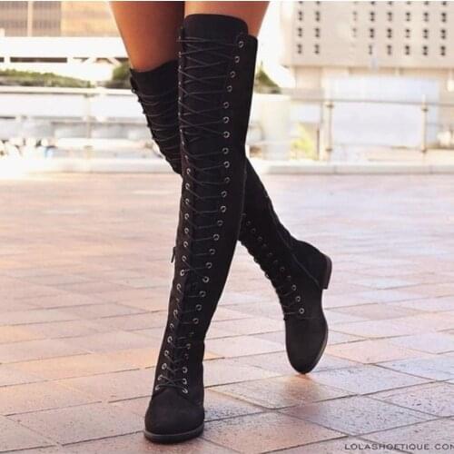 Sexy Thigh High Boots Women Western Over-the-knee Boots Rome Lace-up Low Heel Autumn Winter Boots Women Boots Shoes Plus Size 43